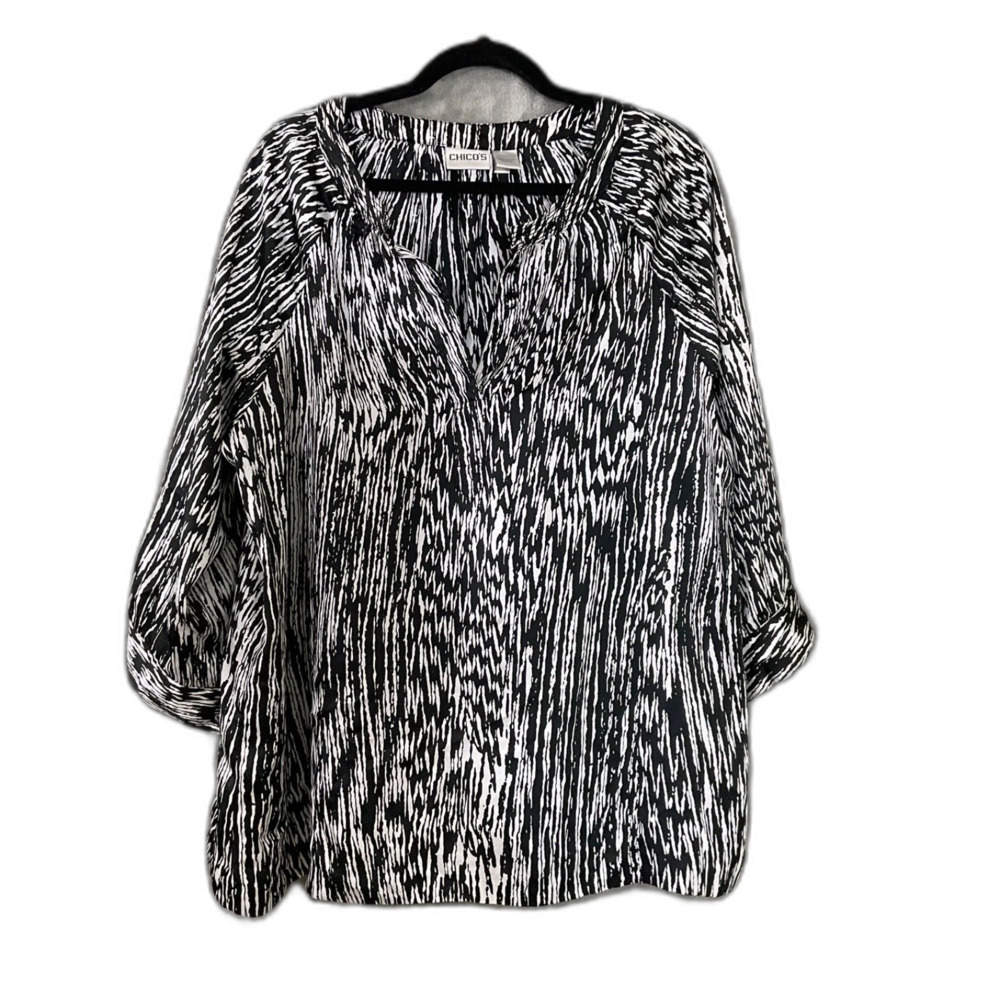 Chicos Top Women blk / White 3/4 Sleeve Pop over snap buttons Artsy XL